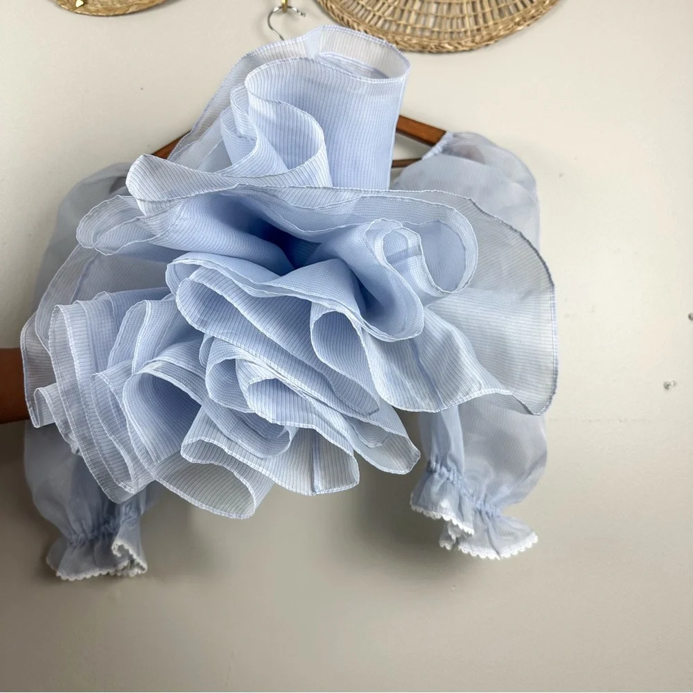 SELKIE The Puff Dress Sheer Blue Babydoll Pinstripe Dress Size Small - Picture 9 of 17